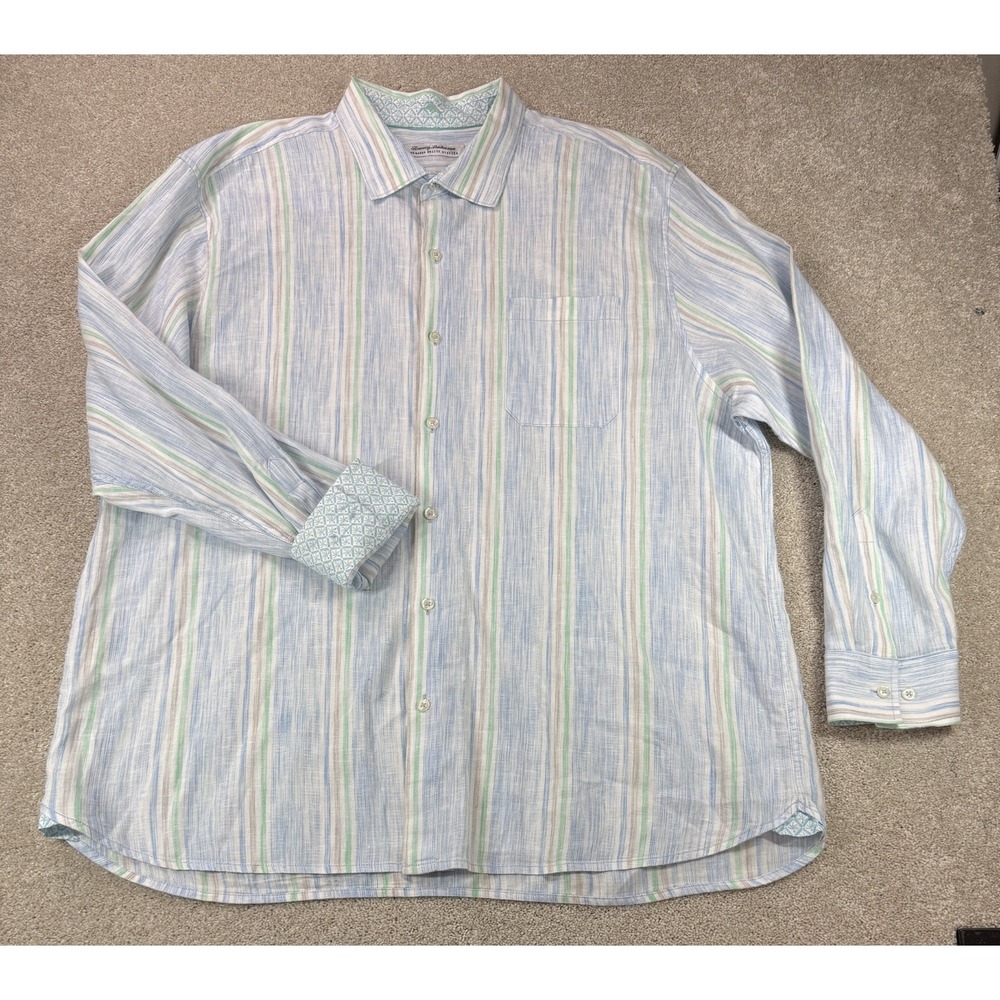 Tommy Bahama Barbados Breeze Stretch Linen Blend Shirt Mens XXL Striped Blue NWT